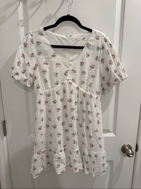 Altar'd State White Cottage Core Mini Dress with Pink Floral Print